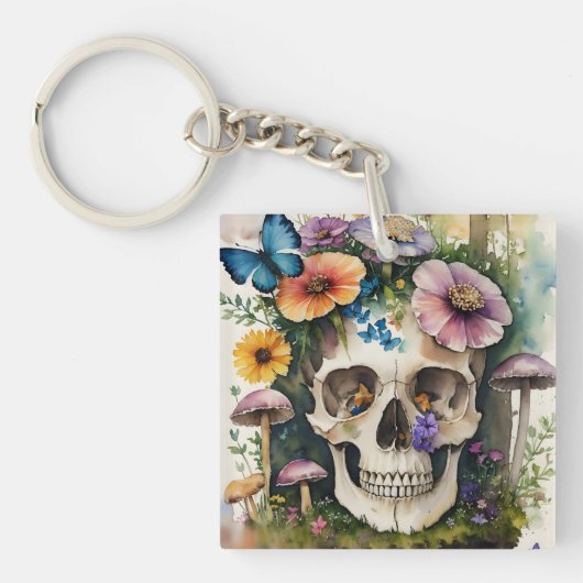 Mushroom Skull Floral Waterverf Kunst Sleutelhanger (Voorkant)