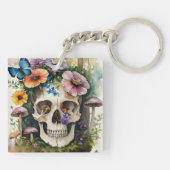 Mushroom Skull Floral Waterverf Kunst Sleutelhanger (Achterkant)