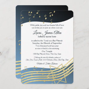 Music Bar Mitzvah Blue and Gold Invitation