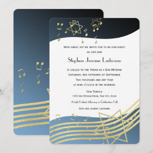 Music Bar Mitzvah Blue en Gold Invitation Kaart