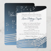 Music Bat Mitzvah Blue en Silver Invitation Kaart (Voorkant / Achterkant)