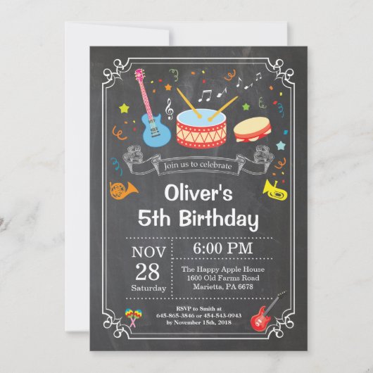 Music Birthday Party Invitation Chalkboard Kaart (Voorkant)