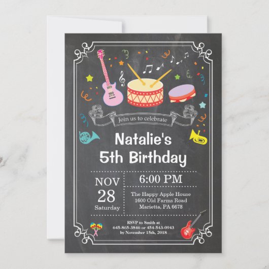 Music Birthday Party Invitation Chalkboard Kaart (Voorkant)