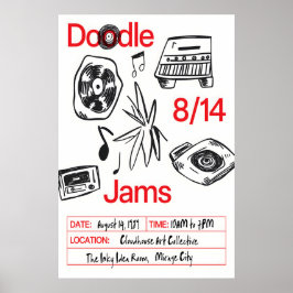 Music Doodle Art Print Retro Vinyl, Cassette