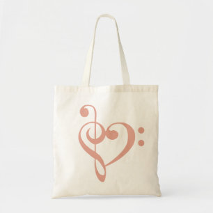 Music Heart Treble Bass Clef Heart - Coral Pink Tote Bag