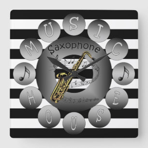 Music House Clock ~Saxophone~ Spiral Scale~Stripes Vierkante Klok