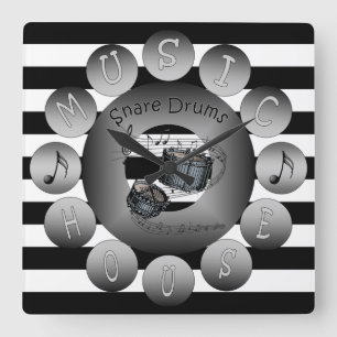 Music House Clock~Snare Drums~Spiral Scale~Stripes Vierkante Klok