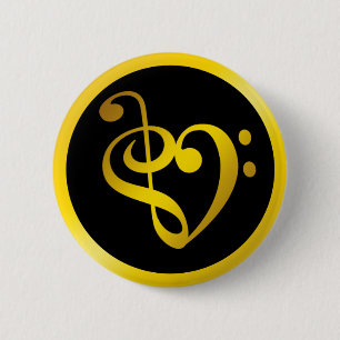 Music Love Heart Symbol Clef Notes in Gold Black Ronde Button 5,7 Cm