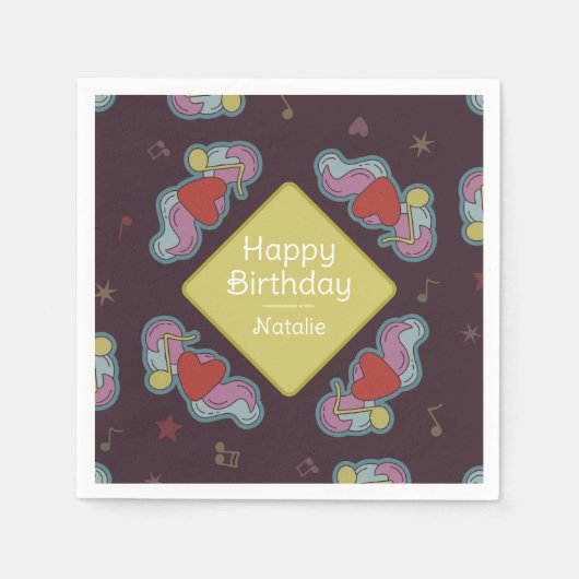 Music Lover Doodles Thema Verjaardagsfeestje Geel Servet (Voorkant)