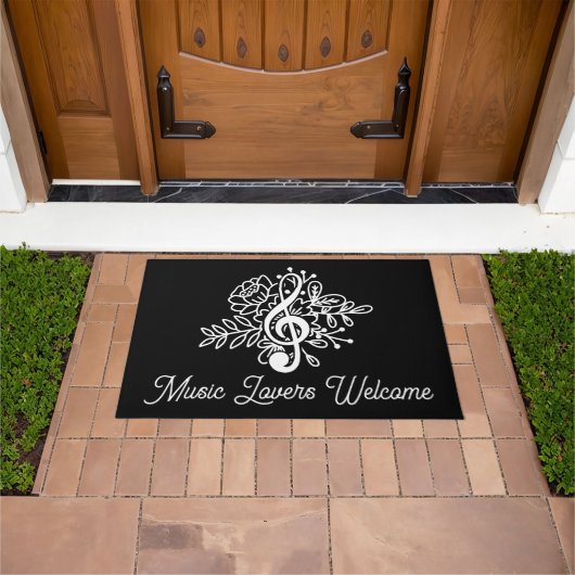 Music Lovers Welcome Black Floral Treble Clef Deurmat (Buiten)