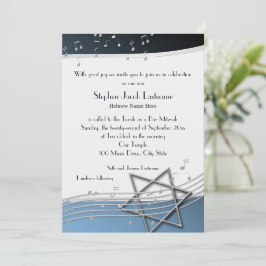 Music Notes Bar Mitzvah Silver and Blue Invitation (Debout devant)