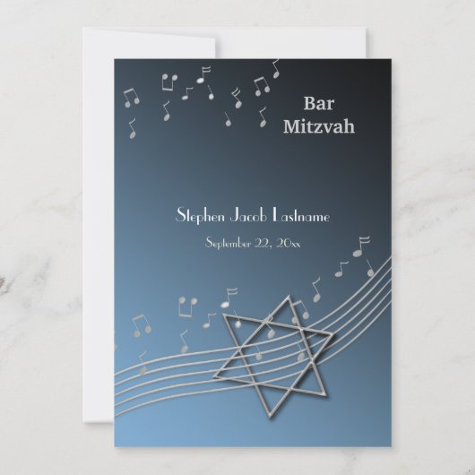 Music Notes Bar Mitzvah Silver and Blue Invitation (Dos)