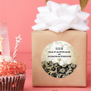 Musical Black & Light Gold  Damask Weddings Ronde Sticker