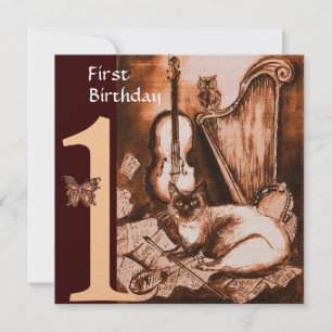 MUSICAL CAT First Birthday Party Brown Gold Kaart
