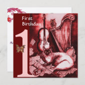 MUSICAL CAT First Birthday Party, Red Silver Kaart (Voorkant / Achterkant)