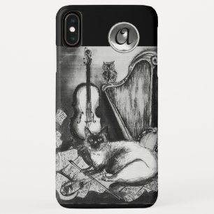 MUSICAL CAT,OWL,VIOLIN,HARP Black White Grey Music iPhone XS Max Hoesje