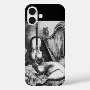 MUSICAL CAT,OWL,VIOLIN,HARP Black White Grey Music iPhone 16 Plus Hoesje