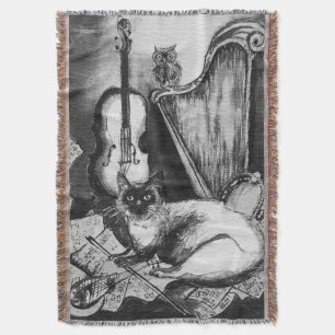 MUSICAL CAT,OWL,VIOLIN,HARP Black White Grey Music Deken