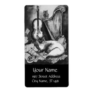 MUSICAL CAT,OWL,VIOLIN,HARP Black White Grey Music Etiket