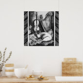 MUSICAL CAT,OWL,VIOLIN,HARP Black White Grey Music Poster (Keuken)
