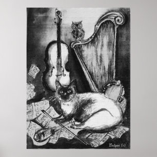 MUSICAL CAT,OWL,VIOLIN,HARP Black White Grey Music Poster