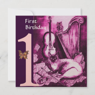 MUSICAL CAT Pink Fuchsia First Birthday Gold Kaart