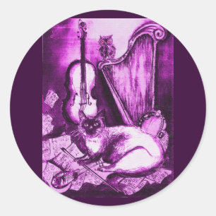 MUSICAL CAT, Roze Paars Violet en wit Ronde Sticker