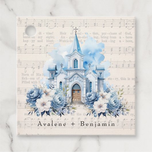  Musical Dusty Blue Peony Church Bruiloft Bedankjes Labels (Voorkant)