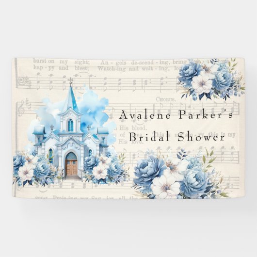  Musical Dusty Blue Peony Church Bruiloft Spandoek (Horizontaal)