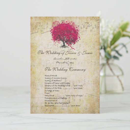 Musical Fuchsia Heart Leaf Tree Wedding Program Programma (Staand voorkant)