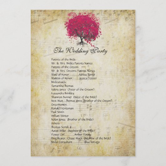 Musical Fuchsia Heart Leaf Tree Wedding Program Programma (Achterkant)