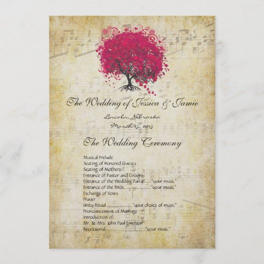 Musical Fuchsia Heart Leaf Tree Wedding Programme (Devant)