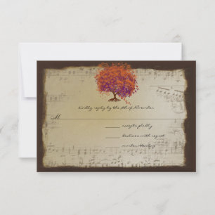 Musical Gold Oranje Plum Heart Leaf Tree Weddings RSVP Kaartje