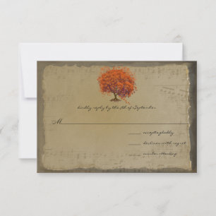 Musical Gold Oranje Plum Heart Leaf Tree Weddings RSVP Kaartje