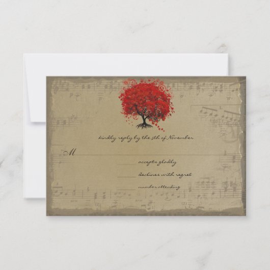 Musical Gold Red Heart Leaf Tree RSVP Kaartje (Voorkant)