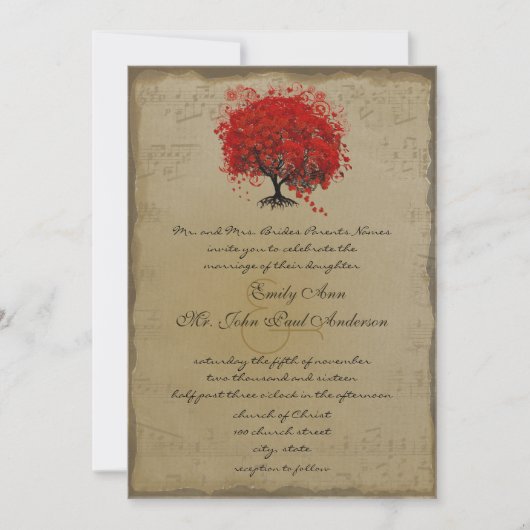 Musical Gold Red Heart Tree Wedding Invite Kaart (Voorkant)