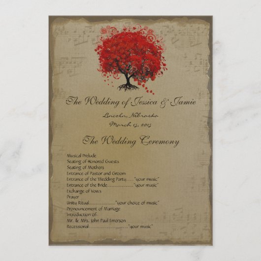 Musical GoldRed Heart Tree Wedding Programme Programma (Voorkant)