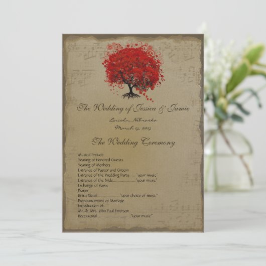 Musical GoldRed Heart Tree Wedding Programme Programma (Staand voorkant)