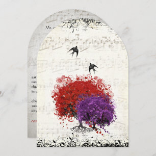 Musical Heart Leaf Red Tree Birds Wedding Kaart