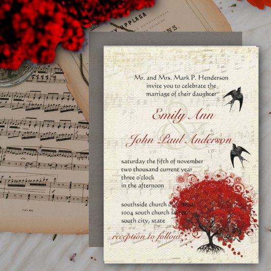 Musical Heart Leaf Red Tree  Birds Wedding Kaart