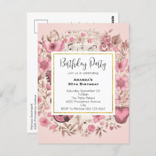 Musical Notes and Flowers Birthday Invite Briefkaart