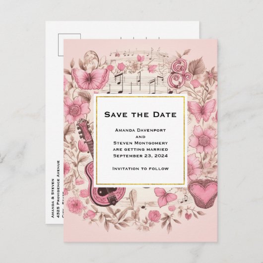 Musical Notes and Flowers  Save the Date Uitnodiging Briefkaart (Voorkant / Achterkant)