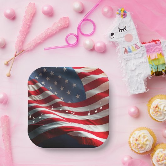Musical Notes Floating On an American Flag Papieren Bordje (Feest)