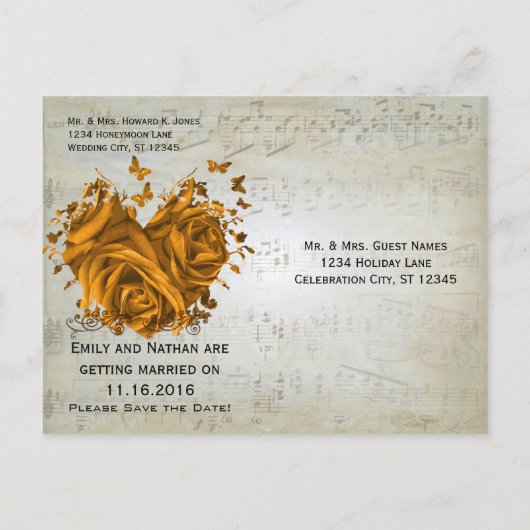 Musical Notes Silver and Gold Rozen Save the Date Aankondigingskaart (Achterkant)