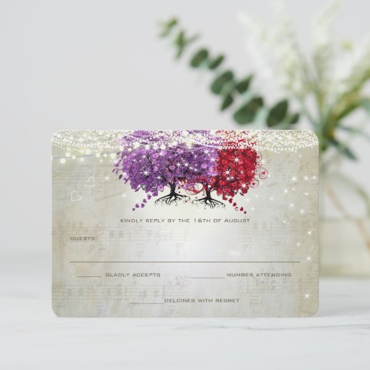 Musical Paars Red Heart Leaf Tree Weddenschap RSVP (Staand voorkant)