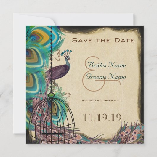 Musical Peacock Bird Cage Eggplant Save the Date (Voorkant)