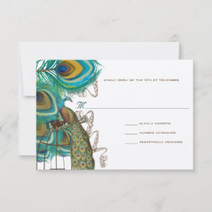 Musical Peacock Bird Cage Feather Wedding RSVP Kaartje