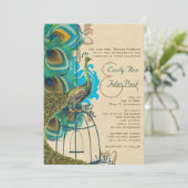 Musical Peacock Bird Cage Feather Wedidng Invites Kaart (Staand voorkant)
