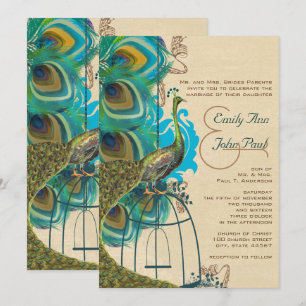Musical Peacock Bird Cage Feather Wedidng Invites Kaart