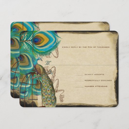 Musical Peacock Bird Cage Feather Wedidng RSVP (Voorkant / Achterkant)
